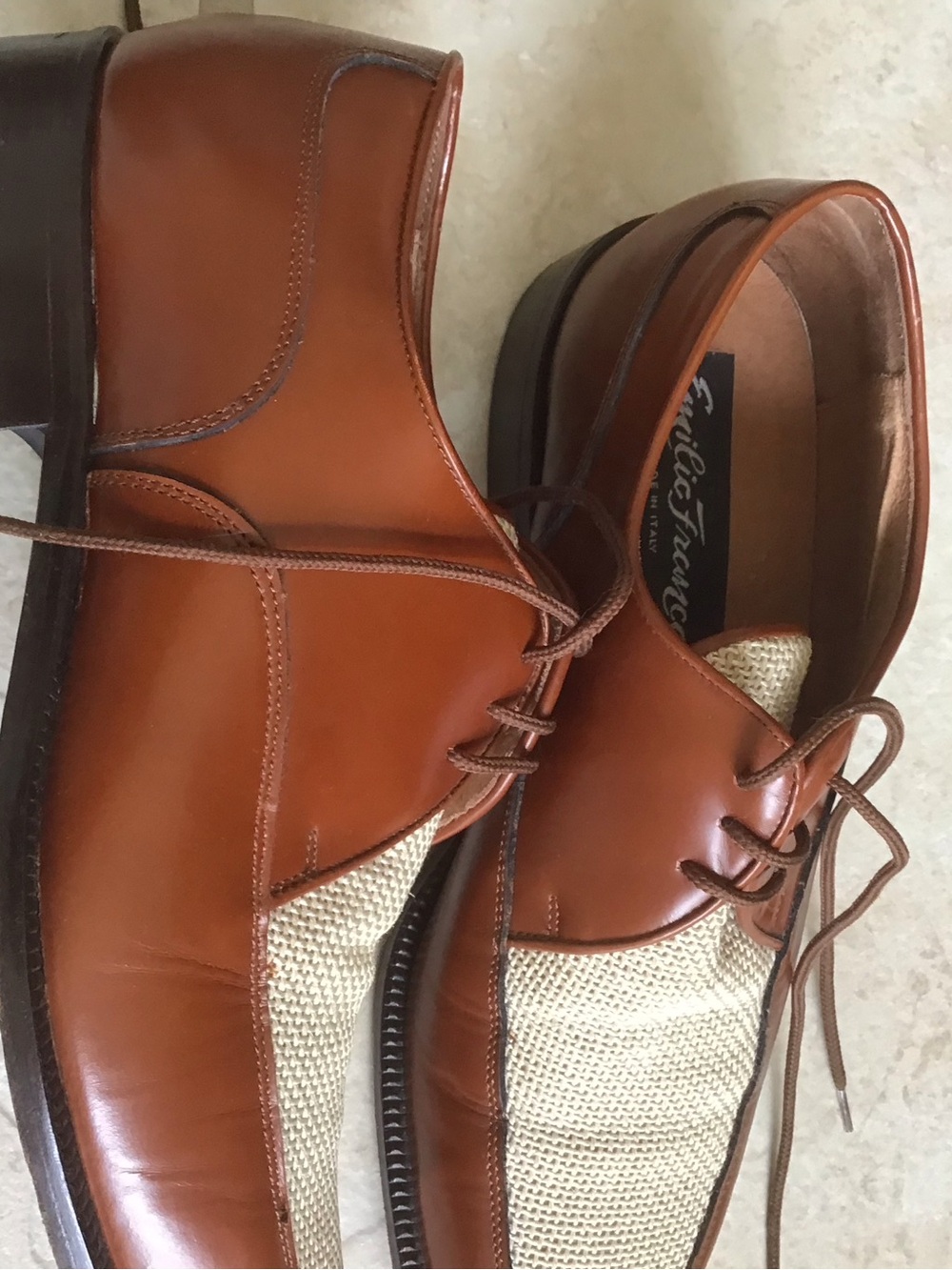Men's Two-Tone Brown Leather & Cream Woven Derby Shoes - Picture 6 of 7